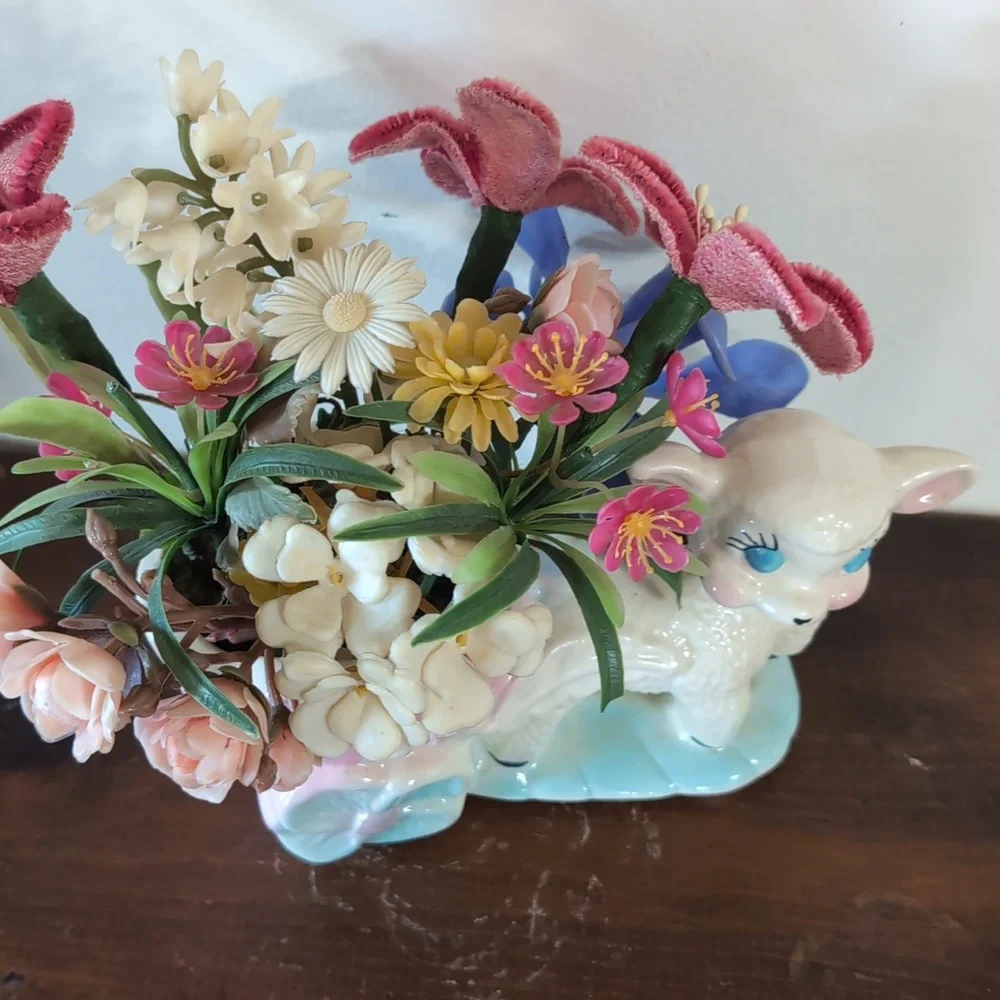 Charming Pastel Lamb Planter with Flowers Cottagecore Vintage Blue Pink Decor